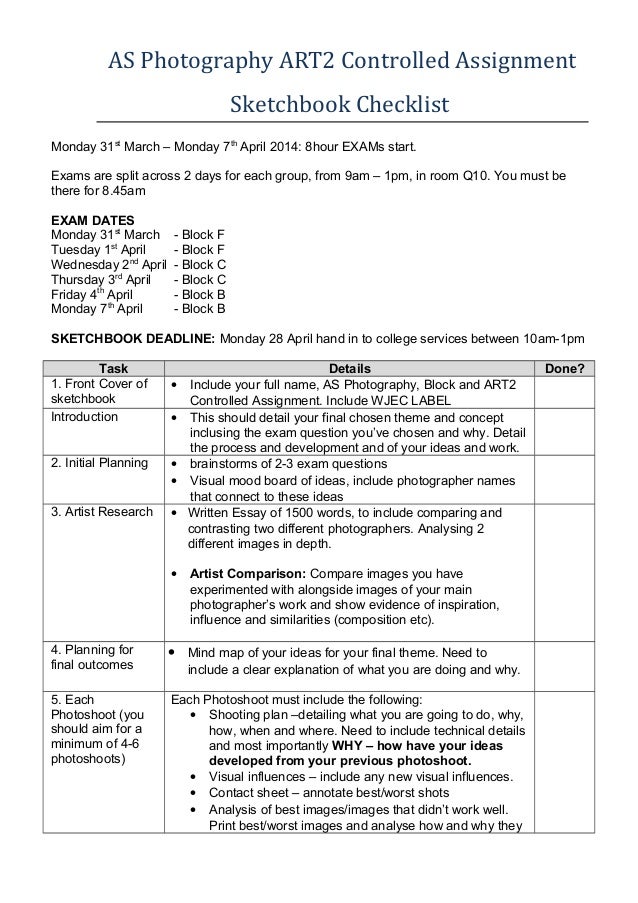 ART2 Sketchbook exam checklist 2013-14