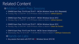 Addition Exam Prep Sessions
Tuesday, May 13 5:00 PM - 6:15 PM Room: Hilton L2 Ballrm F (Alfred Ojukwu)
Monday, May 12 3:00 PM - 4:15 PM Room: Hilton L2 Ballrm F (Alfred Ojukwu)
Monday, May 12 4:45 PM - 6:00 PM Room: Hilton L2 Ballrm F (Peter De Tender)
Wednesday, May 14 10:15 AM - 11:30 AM Room: Hilton L2 Ballrm F (AlfrRyan Sokolowski)
Hands-on Labs
XX
 