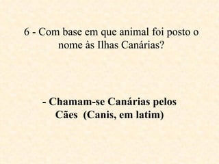 - Chamam-se Canárias pelos Cães  (Canis, em latim) 6 - Com base em que animal foi posto o nome às Ilhas Canárias? 
