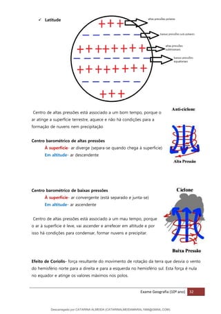 Exame Geografia (10º ano) 32
✓ Latitude
Centro de altas pressões está associado a um bom tempo, porque o
ar atinge a superfície terrestre, aquece e não há condições para a
formação de nuvens nem precipitação
Centro barométrico de altas pressões
À superfície- ar diverge (separa-se quando chega à superficie)
Em altitude- ar descendente
Centro barométrico de baixas pressões
À superfície- ar convergente (está separado e junta-se)
Em altitude- ar ascendente
Centro de altas pressões está associado a um mau tempo, porque
o ar à superfície é leve, vai ascender e arrefecer em altitude e por
isso há condições para condensar, formar nuvens e precipitar.
Efeito de Coriolis- força resultante do movimento de rotação da terra que desvia o vento
do hemisfério norte para a direita e para a esquerda no hemisfério sul. Esta força é nula
no equador e atinge os valores máximos nos polos.
Descarregado por CATARINA ALMEIDA (CATARINALMEIDAMARAL1988@GMAIL.COM)
lOMoARcPSD|48822692
 