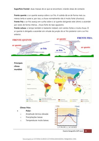 Exame Geografia (10º ano) 38
Superfície frontal- duas massas de ar que se encontram, criando áreas de contacto
Frente quente: o ar quente avança sobre o ar frio. A subida dá-se de forma mais ou
menos lenta e suave e, por isso, a chuva normalmente não é muito forte (chuvisco).
Frente fria: o ar frio avança em cunha sobre o ar quente obrigando este último a ascender
por vezes de forma intensa , chuva forte do tipo aguaceiro.
Frente oclusa: o tempo também é bastante instável, com ventos fortes e muita chuva. O
ar quente é obrigado a ascender em virtude da junção do ar frio posterior com o ar frio
anterior.
Principais
climas
mundiais
Climas frios:
• Polar:
o Amplitude térmica elevada
o Precipitações baixas
o Temperaturas muito baixas
Descarregado por CATARINA ALMEIDA (CATARINALMEIDAMARAL1988@GMAIL.COM)
lOMoARcPSD|48822692
 