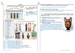 Teste de HCA – Módulo I Professora: Teresa Gonçalves 
Cotação da 
questão 
Cotação da 
questão 
Grupo III 
1. A arquitetura grega incluiu vários tipos de construções, mas teve a sua versão mais perfeita nos templos, morada dos deuses e símbolos da polis. 
1.1 Faz a legenda das 
partes constituintes do templo 
assinaladas no doc. 5. 
1.2 Identifica a ordem 
arquitetónica deste templo. 
A ordem arquitetónica a que pertence o Pártenon é a ordem dórica. 
2. Observa o conjunto documental que se segue. 
2.1 Identifica 4 obras de 
arte representadas nos 
documentos (do doc. 7 
ao doc. 15). 
Doc. 7 – Apoxiómeno, de Lísipo – séc. IV a.C. – 7.º 
Doc. 8 – Vitória de Samotrácia – séc. II a.C. – 8.º 
Doc. 9 – Auriga, de Delfos – início do séc. V a.C. – 3.º 
Doc. 10 – Kouros de Anavyssus – séc. VII a.C. – 2.º 
Doc. 11 – Discóbolo, de Míron – séc. V a.C. – 5.º 
Doc. 12 – Pórtico das Cariátides, do Erectéion – séc. V a.C. (finais) – 6.º 
Doc. 13 – Vaso de cerâmica do período clássico – séc. V a.C. – 4.º 
Doc. 14 – Ânfora de estilo geométrico, do período arcaico – séc. VIII a.C. – 1.º 
Doc. 15 – Templo de Atena Niké – séc. V a.C. – 5.º 
2.2 Ordena cronologicamente cada uma dessas formas de arte, da peça mais antiga para a mais recente, escrevendo os números na tua folha de respostas. 
Doc. 14, doc. 10, doc. 9, doc. 13, doc. 11, doc. 12, doc. 7 e doc. 8. 
2.3 Indica o primeiro cânone da escultura grega. 
O primeiro cânone da escultura grega verificou-se com Policleto, que determinou que o corpo humano ideal deveria ser 7 vezes o tamanho da cabeça. 
3. “O vaso de Pronomos é uma cratera de volutas de grandes dimensões (75 cm de altura, 33,5 cm de diâmetro na parte mais larga, encontrado em Ruvo di Puglia, na Magna Grécia, Itália, em 1838”. 
3.1 Caracteriza, estilisticamente, o vaso de Pronomos. 
O vaso de Pronomos pertence ao estilo de figuras vermelhas. 
3.2 Indica o assunto da sua decoração. 
O tema do vaso é o teatro e os atores. 
3.3 Explica por que razão se diz que a cerâmica grega é 
um arquivo de imagens. 
A importância fundamental da cerâmica grega reside no seu valor documental. As suas pinturas constituem relatos de cenas míticas, representação de reis e atletas, de cenas do quotidiano. Na falta de outros documentos históricos, como o da pintura mural, que desapareceu quase toda, é à cerâmica que vamos colher as informações necessárias para o entendimento da cultura, da civilização e da plástica gregas. 
1.1 Legenda do templo 
1. Envasamento 
2. Coluna 
3. Entablamento 
4. Frontão 
5. Estereóbata 
6. Estilóbata 
7. Fuste 
8. Cochim 
9. Ábaco 
10. Capitel 
11. Arquitrave 
12. Friso 
13. Cornija 
14. Tríglifo 
15. Métopa 
16. Tímpano 
Doc. 6 
Doc. 16 – Vaso de 
Pronomos 