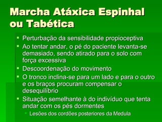 Marcha Atáxica Espinhal ou Tabética Perturbação da sensibilidade propioceptiva Ao tentar andar, o pé do paciente levanta-se demasiado, sendo atirado para o solo com força excessiva  Descoordenação do movimento  O tronco inclina-se para um lado e para o outro e os braços procuram compensar o desequilíbrio Situação semelhante à do indivíduo que tenta andar com os pés dormentes Lesões dos cordões posteriores da Medula 