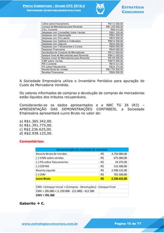 PROVA COMENTADA – EXAME CFC 2016.2
INSTAGRAM: @CONTABILIDADEFACILITADA
ESTRATÉGIA
CONCURSOS
www.estrategiaconcursos.com.br Página 10 de 77
A Sociedade Empresária utiliza o Inventário Periódico para apuração do
Custo da Mercadoria Vendida.
Os valores informados de compras e devolução de compras de mercadorias
estão líquidos dos tributos recuperáveis.
Considerando-se os dados apresentados e a NBC TG 26 (R3) –
APRESENTAÇÃO DAS DEMONSTRAÇÕES CONTÁBEIS, a Sociedade
Empresária apresentará Lucro Bruto no valor de:
a) R$1.365.342,00.
b) R$1.391.775,00.
c) R$2.236.625,00.
d) R$2.938.125,00.
Comentários:
Gabarito  C.
Receita Bruta de Vendas 3.750.000,00R$
(-) ICMS sobre vendas 675.000,00-R$
(-) PIS sobre faturamento 24.375,00-R$
(-) COFINS 112.500,00-R$
Receita Líquida 2.938.125,00R$
(-) CMV 701.500,00-R$
Lucro Bruto 2.236.625,00R$
CMV = 185.000 + (1.250.000 - 121.000) - 612.500
CMV = 701.500
CMV = Estoque Inicial + (Compras - Devoluções) - Estoque Final
Demonstração do resultado do exercício
 