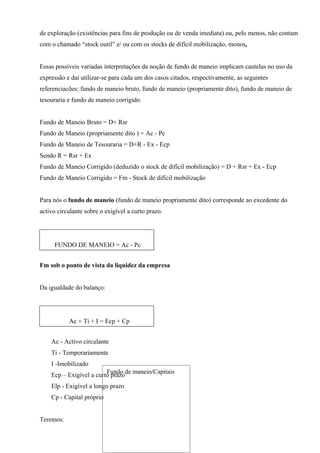 de exploração (existências para fins de produção ou de venda imediata) ou, pelo menos, não contam
com o chamado “stock outil” e/ ou com os stocks de difícil mobilização, monos.


Essas possíveis variadas interpretações da noção de fundo de maneio implicam cautelas no uso da
expressão e daí utilizar-se para cada um dos casos citados, respectivamente, as seguintes
referenciacões: fundo de maneio bruto, fundo de maneio (propriamente dito), fundo de maneio de
tesouraria e fundo de maneio corrigido.


Fundo de Maneio Bruto = D+ Rsr
Fundo de Maneio (propriamente dito ) = Ac - Pc
Fundo de Maneio de Tesouraria = D+R - Ex - Ecp
Sendo R = Rsr + Ex
Fundo de Maneio Corrigido (deduzido o stock de difícil mobilização) = D + Rsr + Ex - Ecp
Fundo de Maneio Corrigido = Fm - Stock de difícil mobilização


Para nós o fundo de maneio (fundo de maneio propriamente dito) corresponde ao excedente do
activo circulante sobre o exigível a curto prazo.




     FUNDO DE MANEIO = Ac - Pc


Fm sob o ponto de vista da liquidez da empresa


Da igualdade do balanço:




           Ac + Ti + I = Ecp + Cp


    Ac - Activo circulante
    Ti - Temporariamente
    I -Imobilizado
                         Fundo de maneio/Capitais
    Ecp – Exigível a curto prazo
    Elp - Exigível a longo prazo
    Cp - Capital próprio


Teremos:
 