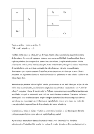 Ac                                              Ac              Elp


                     Cp

                                                     Ti


     Ti+I                                            I
                                                                     Cp




Tanto no gráfico I como no gráfico II:
F.M. = A.C.; visto E.c.p = O


Também nestes casos se estará, por via de regra, perante situações anómalas e economicamente
desfavoráveis. Os empresários devem procurar aumentar a rendibilidade de cada unidade do seu
capital e para isso têm de aproveitar, no máximo conveniente, o capital alheio que lhes estiver
acessível em taxa de juro e demais conduções. Será, normalmente, patológico o caso de inexistência
de capital alheio pois, na prática comercial, haverá pelo menos o crédito concedido pelos
fornecedores que, mesmo em casos de venda a pronto pagamento, aceitam que os seus clientes
procedam aos pagamentos dentro de prazos curtos que vão geralmente de uma semana a cerca de um
mês e alguns dias.


Na medida que puderem utilizar capitais alheios gratuitamente ou em boas condições de juro ou sem
outros ónus inconvenientes, os empresários ampliam a sua actividade e aumentam o seu “Chifre d!
affaires” com dado volume de capital próprio. Nalguns casos conseguem assim libertar capitais para
actividades inorgânicas, ocasionais ou acessórias, particularmente rendosas. Observa-se ainda que a
retribuição a cada unidade de capital próprio tem para a empresa ónus fiscais (impostos sobre os
lucros) que não existem para as retribuições de capital alheio, pois os juros pagos são custos do
exercício dedutíveis para efeitos da determinação dos lucros tributáveis.


Os excessos de fundo de maneio revelam-se assim inconvenientes, se não de um ponto de vista
estritamente económicos como seja o da rendibilidade do capital.


A persistência de um fundo de maneio excessivo não é pois, sintoma de boa eficiência
administrativa. Poderá também resultar porventura de vendas forçadas ou de retracções sucessivas
 