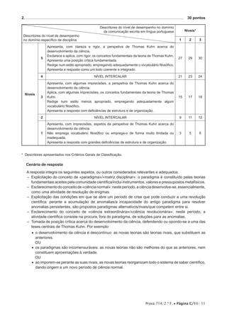 Prova 714/2.ª F. • Página C/11/ 11
2. .....................................................................................................................................................	 30 pontos
Descritores do nível de desempenho no domínio
da comunicação escrita em língua portuguesa
Descritores do nível de desempenho
no domínio específico da disciplina
Níveis*
1 2 3
Níveis
5
Apresenta, com clareza e rigor, a perspetiva de Thomas Kuhn acerca do
desenvolvimento da ciência.
Esclarece e aplica, com rigor, os conceitos fundamentais da teoria de Thomas Kuhn.
Apresenta uma posição crítica fundamentada.
Redige num estilo apropriado, empregando adequadamente o vocabulário filosófico.
Apresenta a resposta como um todo coerente e integrado.
27 29 30
4 NÍVEL INTERCALAR 21 23 24
3
Apresenta, com algumas imprecisões, a perspetiva de Thomas Kuhn acerca do
desenvolvimento da ciência.
Aplica, com algumas imprecisões, os conceitos fundamentais da teoria de Thomas
Kuhn.
Redige num estilo menos apropriado, empregando adequadamente algum
vocabulário filosófico.
Apresenta a resposta com deficiências de estrutura e de organização.
15 17 18
2 NÍVEL INTERCALAR 9 11 12
1
Apresenta, com imprecisões, aspetos da perspetiva de Thomas Kuhn acerca do
desenvolvimento da ciência.
Não emprega vocabulário filosófico ou emprega-o de forma muito limitada ou
inadequada.
Apresenta a resposta com grandes deficiências de estrutura e de organização.
3 5 6
* Descritores apresentados nos Critérios Gerais de Classificação.
Cenário de resposta
A resposta integra os seguintes aspetos, ou outros considerados relevantes e adequados.
–– Explicitação do conceito de «paradigma»/«matriz disciplinar»: o paradigma é constituído pelas teorias
fundamentais aceites pela comunidade científica/inclui instrumentos, valores e pressupostos metafísicos.
–– Esclarecimentodoconceitode«ciêncianormal»:nesteperíodo,aciênciadesenvolve-se,essencialmente,
como uma atividade de resolução de enigmas.
–– Explicitação das condições em que se abre um período de crise que pode conduzir a uma revolução
científica: perante a acumulação de anomalias/a incapacidade do antigo paradigma para resolver
anomalias persistentes, são propostos paradigmas alternativos/rivais/que competem entre si.
–– Esclarecimento do conceito de «ciência extraordinária»/«ciência revolucionária»: neste período, a
atividade científica consiste na procura, fora do paradigma, de soluções para as anomalias.
–– Tomada de posição crítica acerca do desenvolvimento da ciência, defendendo ou opondo-se a uma das
teses centrais de Thomas Kuhn. Por exemplo:
•• o desenvolvimento da ciência é descontínuo: as novas teorias são teorias rivais, que substituem as
anteriores.
OU
•• os paradigmas são incomensuráveis: as novas teorias não são melhores do que as anteriores, nem
constituem aproximações à verdade.
OU
•• ao imporem-se perante as suas rivais, as novas teorias reorganizam todo o sistema de saber científico,
dando origem a um novo período de ciência normal.
 