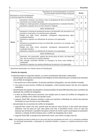 Prova 714/2.ª F. • Página C/9/ 11
2. .....................................................................................................................................................	 30 pontos
Descritores do nível de desempenho no domínio
da comunicação escrita em língua portuguesa
Descritores do nível de desempenho
no domínio específico da disciplina
Níveis*
1 2 3
Níveis
5
Apresenta e confronta, com clareza e rigor, as perspetivas de Kant e de Stuart Mill,
recorrendo a um exemplo adequado.
Redige num estilo apropriado, empregando adequadamente o vocabulário filosófico.
Apresenta a resposta como um todo coerente e integrado.
27 29 30
4 NÍVEL INTERCALAR 21 23 24
3
Apresenta e confronta as perspetivas de Kant e de Stuart Mill, não recorrendo a um
exemplo ou recorrendo a um exemplo pouco adequado.
Redige num estilo menos apropriado, empregando adequadamente algum
vocabulário filosófico.
Apresenta a resposta com deficiências de estrutura e de organização.
OU
Apresenta as perspetivas de Kant e de Stuart Mill, recorrendo a um exemplo, mas
sem as confrontar.
Redige num estilo menos apropriado, empregando adequadamente algum
vocabulário filosófico.
Apresenta a resposta com deficiências de estrutura e de organização.
15 17 18
2 NÍVEL INTERCALAR 9 11 12
1
Apresenta, com imprecisões, aspetos das teorias éticas de Kant e de Stuart Mill,
mas não as confronta no contexto solicitado.
Não emprega vocabulário filosófico ou emprega-o de forma muito limitada ou
inadequada.
Apresenta a resposta com grandes deficiências de estrutura e de organização.
3 5 6
* Descritores apresentados nos Critérios Gerais de Classificação.
Cenário de resposta
A resposta integra os seguintes aspetos, ou outros considerados relevantes e adequados.
–– Apresentação dos aspetos da perspetiva deontológica de Kant relevantes para o problema da resolução
dos conflitos de obrigações:
•• de acordo com a ética kantiana, há deveres absolutos (obrigações), que não admitem exceção;
•• nos casos em que ocorrem conflitos de obrigações, a ética kantiana parece não dar uma resposta
satisfatória.
–– Apresentação dos aspetos da perspetiva consequencialista de Stuart Mill relevantes para o problema da
resolução dos conflitos de obrigações:
•• a ética de Stuart Mill procura encontrar uma solução para os casos de conflitos de obrigações ao
propor a utilidade como critério de decisão moral;
•• segundo Stuart Mill, devemos escolher a ação que maximize a felicidade da maioria das pessoas
envolvidas (ou que minimize a sua infelicidade).
–– Apresentação de um exemplo de conflito de obrigações:
•• segundo Kant, salvar uma vida, quando esse ato está ao nosso alcance, e não mentir são deveres
absolutos; mas há casos em que, para salvar uma vida, é necessário mentir, como no caso das
pessoas que conheciam o paradeiro de judeus e tinham de mentir a quem os perseguia se quisessem
salvá-los; a solução da ética kantiana para o conflito de obrigações não é clara;
•• segundo Stuart Mill, a solução seria claramente mentir, pois mentir é a ação mais útil.
Nota – Uma resposta que refira as ideias de um único autor deve ser enquadrada nos níveis 1 ou 2, consoante a qualidade
da informação apresentada, a adequação do vocabulário filosófico, a clareza e a coerência estrutural do texto
produzido.
 