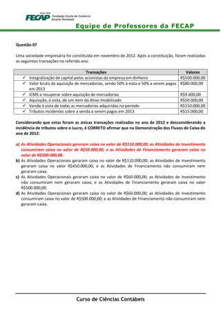 Equipe de Professores da FECAP
Curso de Ciências Contábeis
Questão 07
Uma sociedade empresária foi constituída em novembro de 2012. Após a constituição, foram realizadas
as seguintes transações no referido ano:
Transações Valores
Integralização de capital pelos acionistas da empresa em dinheiro R$500.000,00
Valor bruto da aquisição de mercadorias, sendo 50% à vista e 50% a serem pagos
em 2013
R$80.000,00
ICMS a recuperar sobre aquisição de mercadorias R$9.600,00
Aquisição, à vista, de um item do Ativo Imobilizado R$50.000,00
Venda à vista de todas as mercadorias adquiridas no período R$150.000,00
Tributos incidentes sobre a venda a serem pagos em 2013 R$15.000,00
Considerando que estas foram as únicas transações realizadas no ano de 2012 e desconsiderando a
incidência de tributos sobre o Lucro, é CORRETO afirmar que na Demonstração dos Fluxos de Caixa do
ano de 2012:
a) As Atividades Operacionais geraram caixa no valor de R$110.000,00; as Atividades de Investimento
consumiram caixa no valor de R$50.000,00; e as Atividades de Financiamento geraram caixa no
valor de R$500.000,00.
b) As Atividades Operacionais geraram caixa no valor de R$110.000,00; as Atividades de Investimento
geraram caixa no valor R$450.000,00; e as Atividades de Financiamento não consumiram nem
geraram caixa.
c) As Atividades Operacionais geraram caixa no valor de R$60.000,00; as Atividades de Investimento
não consumiram nem geraram caixa; e as Atividades de Financiamento geraram caixa no valor
R$500.000,00.
d) As Atividades Operacionais geraram caixa no valor de R$60.000,00; as Atividades de Investimento
consumiram caixa no valor de R$500.000,00; e as Atividades de Financiamento não consumiram nem
geraram caixa.
 