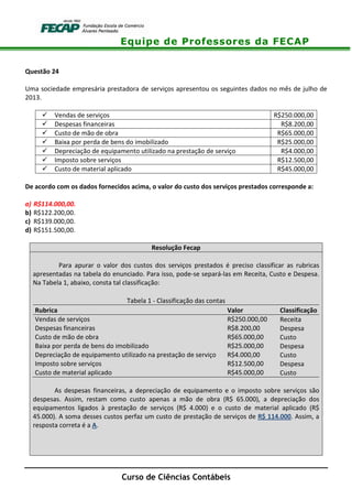 Equipe de Professores da FECAP
Curso de Ciências Contábeis
Questão 24
Uma sociedade empresária prestadora de serviços apresentou os seguintes dados no mês de julho de
2013.
Vendas de serviços R$250.000,00
Despesas financeiras R$8.200,00
Custo de mão de obra R$65.000,00
Baixa por perda de bens do imobilizado R$25.000,00
Depreciação de equipamento utilizado na prestação de serviço R$4.000,00
Imposto sobre serviços R$12.500,00
Custo de material aplicado R$45.000,00
De acordo com os dados fornecidos acima, o valor do custo dos serviços prestados corresponde a:
a) R$114.000,00.
b) R$122.200,00.
c) R$139.000,00.
d) R$151.500,00.
Resolução Fecap
Para apurar o valor dos custos dos serviços prestados é preciso classificar as rubricas
apresentadas na tabela do enunciado. Para isso, pode-se separá-las em Receita, Custo e Despesa.
Na Tabela 1, abaixo, consta tal classificação:
Tabela 1 - Classificação das contas
Rubrica Valor Classificação
Vendas de serviços R$250.000,00 Receita
Despesas financeiras R$8.200,00 Despesa
Custo de mão de obra R$65.000,00 Custo
Baixa por perda de bens do imobilizado R$25.000,00 Despesa
Depreciação de equipamento utilizado na prestação de serviço R$4.000,00 Custo
Imposto sobre serviços R$12.500,00 Despesa
Custo de material aplicado R$45.000,00 Custo
As despesas financeiras, a depreciação de equipamento e o imposto sobre serviços são
despesas. Assim, restam como custo apenas a mão de obra (R$ 65.000), a depreciação dos
equipamentos ligados à prestação de serviços (R$ 4.000) e o custo de material aplicado (R$
45.000). A soma desses custos perfaz um custo de prestação de serviços de R$ 114.000. Assim, a
resposta correta é a A.
 