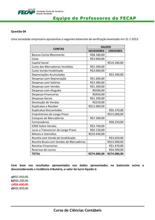 Equipe de Professores da FECAP
Curso de Ciências Contábeis
Questão 04
Uma sociedade empresária apresentou o seguinte balancete de verificação levantado em 31.7.2013:
CONTAS
SALDOS
DEVEDORES CREDORES
Bancos Conta Movimento R$8.180,00
Caixa R$3.600,00
Capital Social R$10.340,00
Custo das Mercadorias Vendidas R$5.200,00
Custo Venda Imobilizado R$3.000,00
Depreciações Acumuladas R$2.500,00
Despesas com Depreciação R$1.600,00
Despesas com Salários R$3.380,00
Despesas com Vendas R$1.200,00
Despesas com Aluguéis R$500,00
Despesas Financeiras R$450,00
Despesas Gerais R$1.200,00
Devolução de Vendas R$250,00
Duplicatas a Receber R$11.000,00
Duplicatas Descontadas R$6.370,00
Empréstimos de Longo Prazo R$15.000,00
Estoques de Mercadorias R$7.200,00
Fornecedores R$8.250,00
ICMS Sobre Vendas R$3.740,00
Juros a Transcorrer de Longo Prazo R$4.150,00
Móveis e Utensílios R$19.430,00
Receita com Venda de Imobilizado R$3.650,00
Receita Bruta com Vendas de Mercadorias R$22.000,00
Receitas Financeiras R$1.470,00
Reservas de Lucros R$4.500,00
TOTAL R$74.080,00 R$74.080,00
Com base nos resultados apresentados nos dados apresentados no balancete acima e
desconsiderando a incidência tributária, o valor do lucro líquido é:
a)R$5.950,00.
b)R$6.200,00.
c)R$6.600,00.
d)R$6.850,00.
 