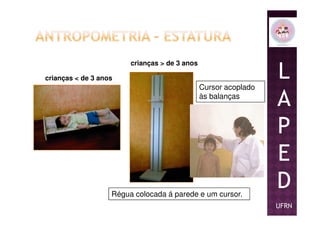 Cursor acoplado
às balanças
crianças < de 3 anos
crianças > de 3 anos
L
A
P
Régua colocada á parede e um cursor.
P
E
D
UFRN
 