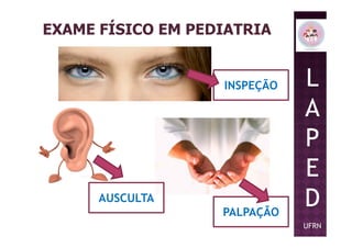 EXAME FÍSICO EM PEDIATRIA
INSPEÇÃO L
A
P
AUSCULTA
PALPAÇÃO
P
E
D
UFRN
 