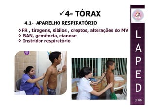 4- TÓRAX
4.1- APARELHO RESPIRATÓRIO
FR , tiragens, sibilos , creptos, alterações do MV
BAN, gemência, cianose
Instridor respiratório
L
A
PP
E
D
UFRN
 
