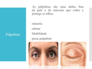 Pálpebras
As pálpebras são uma dobra fina
da pele e de músculo que cobre e
protege os olhos.
simetria
edema
Mobilidade
ptose palpebral
 