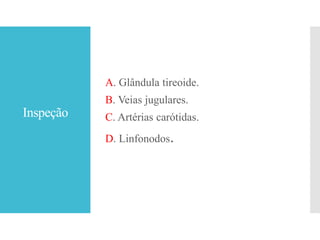 Inspeção
A. Glândula tireoide.
B. Veias jugulares.
C. Artérias carótidas.
D. Linfonodos.
 