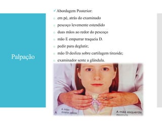 Palpação
Abordagem Posterior:
o em pé, atrás do examinado
o pescoço levemente estendido
o duas mãos ao redor do pescoço
o mão E empurrar traqueia D.
o pedir para deglutir;
o mão D desliza sobre cartilagem tireoide;
o examinador sente a glândula.
 