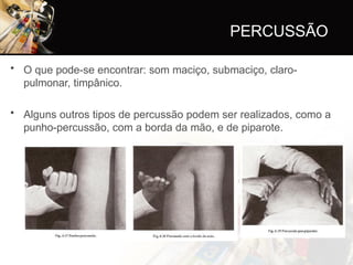 PERCUSSÃO
• O que pode-se encontrar: som maciço, submaciço, claro-
pulmonar, timpânico.
• Alguns outros tipos de percussão podem ser realizados, como a
punho-percussão, com a borda da mão, e de piparote.
 
