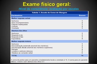 Exame físico geral:
-Nível de consciência: avaliação por escalas
 