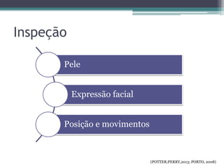 Inspeção
(POTTER;PERRY,2013; PORTO, 2008)
Pele
Expressão facial
Posição e movimentos
 