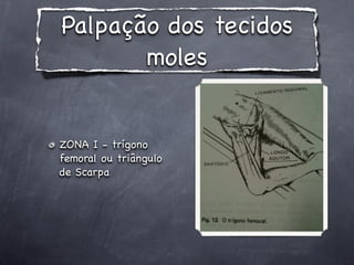 Palpação dos tecidos
       moles


ZONA I - trígono
femoral ou triângulo
de Scarpa
 