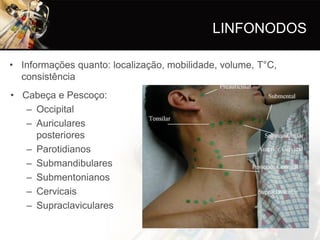 LINFONODOS

• Informações quanto: localização, mobilidade, volume, T°C,
  consistência
• Cabeça e Pescoço:
   – Occipital
   – Auriculares
     posteriores
   – Parotidianos
   – Submandibulares
   – Submentonianos
   – Cervicais
   – Supraclaviculares
 