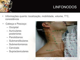LINFONODOS

• Informações quanto: localização, mobilidade, volume, T°C,
  consistência
• Cabeça e Pescoço:
   – Occipital
   – Auriculares
     posteriores
   – Parotidianos
   – Submandibulares
   – Submentonianos
   – Cervicais
   – Supraclaviculares
 