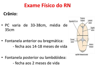 Exame Físico do RN
Crânio:
• PC varia de 33-38cm, média de
35cm
• Fontanela anterior ou bregmática:
- fecha aos 14-18 meses de vida
• Fontanela posterior ou lambdóidea:
- fecha aos 2 meses de vida
 