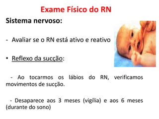 Exame Físico do RN
Sistema nervoso:
- Avaliar se o RN está ativo e reativo
• Reflexo da sucção:
- Ao tocarmos os lábios do RN, verificamos
movimentos de sucção.
- Desaparece aos 3 meses (vigília) e aos 6 meses
(durante do sono)
 
