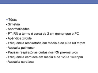 Tórax
- Simetria
- Anormalidades
- PT: RN a termo é cerca de 2 cm menor que o PC
- Apêndice xifoide
- Frequência respiratória em média é de 40 a 60 mrpm
- Ausculta pulmonar
- Pausas respiratórias curtas nos RN pré-maturos
- Frequência cardíaca em média é de 120 a 140 bpm
- Ausculta cardíaca
 