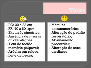Tórax
⦿ PC: 30 a 33 cm
⦿ FR: 40 a 60 irpm
⦿ Excursão simétrica;
⦿ Ausência de massas
ou crepitações;
⦿ 1 cm de tecido
mamário palpável;
⦿ Aréolas em relevo,
⦿ Leite de bruxa;
⦿ Mamilos
extranumerários;
⦿ Alteração de padrão
respiratório;
⦿ Abaulamento
precordial;
⦿ Alteração de sons
cardíacos
 