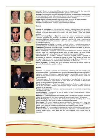 Atitudes
Ortopnéia = O paciente apresenta alívio da dispnéia somente quando está sentado, pois
esta posição facilita o funcionamento dos músculos auxiliares da respiração (escalenos,
trapézio e peitorais) e favorecer a expansão torácica e a circulação venosa. Pode ser
achado na Insuﬁciência Cardíaca Congestiva (ICC) e na Doença Pulmonar Obstrutiva
Crônica (DPOC).
Prece maometana = O paciente encontra alívio da dor ao ﬁcar ajoelhado no leito com os
cotovelos sustentando a parte anterior do corpo. Pode ser encontrado na Pancreatite
Aguda, na Pericardite e no Derrame Pericárdico.
Atitude de peritonismo = Paciente em decúbito dorsal com ﬂexão em ângulo obtuso ou
reto de uma coxa sobre o abdômen, indicando isto irritaçao peritonial. pode ser achado na
peritonite ou na apendicite.
Posição de Cócoras = Por melhorar o retorno venoso, pode ser encontrado em pacientes
com Tetralogia de Fallot.
Atitude miopática = Corresponde ao sinal de Gowers, no qual o paciente escala o próprio
corpo para poder ﬁcar em pé.
Anquilose = Ocorre na espondilite anquilosante, onde o paciente não consegue encostar a
cabeça na parede quando nela está encostado. É denominada de postura de esquiador.
Atitude hemiplégica = quando um dos dimídios se apresenta sem força muscular e
ﬂácido, ocorrendo na fase aguda do infarto ou de hemorragia cerebral.
Decorticação = O membro superior se apresenta aduzido e ﬂexionado, com a ﬂexào dos
dedos. O membro inferior se apresenta extendido e com rotaçào interno, havendo ﬂexão
plantar. Indica disfunção supratentorial em regiões profundas na cápsula interna.
Descerebração = O membro superior se apresenta aduzido, extendido e pronado, com a
ﬂexão dos dedos. O membro inferior se apresenta extendido e com rotação interna,
havendo ﬂexão plantar. indica lesão alta em tronco cerebral, entre núcleo rubro e
diencéfalo.
Marchas
Ceifante ou hemiplégica = O braço do lado plégico é mantido ﬂetido junto ao corpo,
enquanto a perna deste mesmo lado permanece extendida, com ﬂexao plantar do pé. Ao
caminhar, o paciente forma semicírculos com a sua perna plégica. Ocorre nos infartos
cerebrais.
Parkinsoniana ou petit pass = O paciente assume uma postura simiesca, com a cabeça e
o pescoço inclinados para a frente e os joelhos e quadris se apresentam levemente
ﬂexionados. Os braços são ﬂexionados em cotovelos e punhos. Ao iniciar o movimento, o
paciente o faz lentamente. Os passos sao curtos e, ao virar-se, o faz em monobloco. É tipica
da doença de Parkinson.
Ebriosa, cerebelar ou atáxica = A marcha é oscilante, instável e a base de sustentação se
apresenta alargada, semelhante a de um indivíduo etilizado. Ocorre em lesoes cerebelares.
Escarvante = O paciente anda com os pés caídos em decorrência de lesão do neurônio
motor inferior. Ocorre nas neuropatias periféricas.
Marcha em tesoura = Ocorre nas paresias espáticas bilaterais dos membros inferiores. A
marcha é rígida, com o lento avançar de cada perna. As coxas tendem a se cruzar a cada
passo, que são sempre curtos. É como se o paciente estivesse andando na água.
Ataxia sensorial = A marcha é instável e com base alargada, tendo o paciente a
necessidade de observar o chao para se orientar ao andar. Caso fechem os olhos, não
conseguem ﬁcar em pe com os és juntos (Sinal de Romberg). Esta marcha ocorre nas
lesões do cordão posterior, tal como na síﬁlis ou deﬁciência de vitamina B12.
Marcha do idoso = Os passos sao curtos e incertos, sendo que as pernas podem se
apresentar ﬂexionadas nos quadris e joelhos.
Leonina = Ocorre na hanseníase Wirchoviana, com o desaparecimento dos supercílios
(madarose), nariz em cela e lábios proeminentes, grossos e endurecidos.
Tetânica = Contratura dos músculos da face eu faz com que os lábios ﬁquem repuxados em
sentido horizontal, as fendas palpebrais estreitam-se e os sulcos nasolabiais tornam-se mais
fundos. Tem-se a impressão de que o paciente está com riso sardônico.
Lúpica = Devido a fotossensibilidade, ocorre rash malar em forma de asa de borboleta.
Luética = Ocorre proeminência do osso frontal (fronte olímpica).
Tetânico = Presença de riso sardônico, pela contração do masseter.
Hipertireoidismo Hipotireoidismo
Gigantismo Cushing
Lúpus Hansen
Wirchoviana
Fácies Parkinsoniano
 