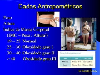 Dados Antropométricos
Peso
Altura
Índice de Massa Corporal
(IMC = Peso / Altura²)
19 – 25 Normal
25 – 30 Obesidade grau I
30 – 40 Obesidade grau II
> 40 Obesidade grau III
Dr Ricardo F. Cury
 