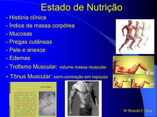 Estado de Nutrição
- História clínica
- Índice de massa corpórea
- Mucosas
- Pregas cutâneas
- Pele e anexos
- Edemas
- Trofismo Muscular: volume massa muscular
- Tônus Muscular: semi-contração em repouso
Dr Ricardo F. Cury
 