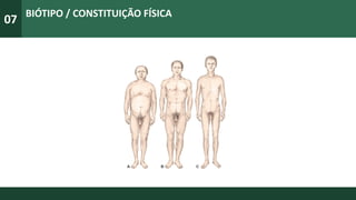 07
BIÓTIPO / CONSTITUIÇÃO FÍSICA
LONGILÍNEO
MEDIOLÍNEO
Mesomorfo / Normolíneo
BREVÍLINEO
 
