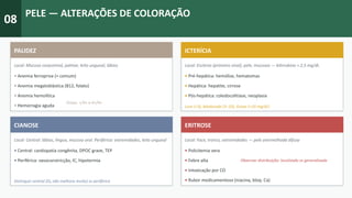08
PELE — ALTERAÇÕES DE COLORAÇÃO
PALIDEZ
Local: Mucosa conjuntival, palmar, leito ungueal, lábios
• Anemia ferropriva (+ comum)
• Anemia megaloblástica (B12, folato)
• Anemia hemolítica
• Hemorragia aguda
Graus: +/4+ a 4+/4+
ICTERÍCIA
Local: Escleras (primeiro sinal), pele, mucosas — bilirrubina > 2,5 mg/dL
• Pré-hepática: hemólise, hematomas
• Hepática: hepatite, cirrose
• Pós-hepática: coledocolitíase, neoplasia
Leve (<3), Moderada (3–10), Grave (>10 mg/dL)
CIANOSE
Local: Central: lábios, língua, mucosa oral. Periférica: extremidades, leito ungueal
• Central: cardiopatia congênita, DPOC grave, TEP
• Periférica: vasoconstricção, IC, hipotermia
Distinguir central (O₂ não melhora muito) vs periférica
ERITROSE
Local: Face, tronco, extremidades — pele avermelhada difusa
• Policitemia vera
• Febre alta
• Intoxicação por CO
• Rubor medicamentoso (niacina, bloq. Ca)
Observar distribuição: localizada vs generalizada
 