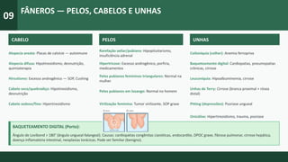 09
FÂNEROS — PELOS, CABELOS E UNHAS
CABELO
Alopecia areata: Placas de calvície — autoimune
Alopecia difusa: Hipotireoidismo, desnutrição,
quimioterapia
Hirsutismo: Excesso androgênico — SOP, Cushing
Cabelo seco/quebradiço: Hipotireoidismo,
desnutrição
Cabelo sedoso/fino: Hipertireoidismo
PELOS
Rarefação axilar/pubiana: Hipopituitarismo,
insuficiência adrenal
Hipertricose: Excesso androgênico, porfiria,
medicamentos
Pelos pubianos femininos triangulares: Normal na
mulher
Pelos pubianos em losango: Normal no homem
Virilização feminina: Tumor virilizante, SOP grave
UNHAS
Coiloníquia (colher): Anemia ferropriva
Baqueteamento digital: Cardiopatias, pneumopatias
crônicas, cirrose
Leuconíquia: Hipoalbuminemia, cirrose
Unhas de Terry: Cirrose (branca proximal + rósea
distal)
Pitting (depressões): Psoríase ungueal
Onicólise: Hipertireoidismo, trauma, psoríase
BAQUETEAMENTO DIGITAL (Porto):
Ângulo de Lovibond > 180° (ângulo ungueal-falangeal). Causas: cardiopatias congênitas cianóticas, endocardite, DPOC grave, fibrose pulmonar, cirrose hepática,
doença inflamatória intestinal, neoplasias torácicas. Pode ser familiar (benigno).
 