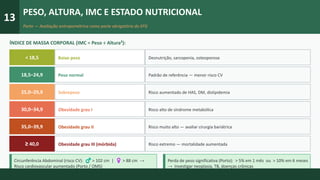 13
PESO, ALTURA, IMC E ESTADO NUTRICIONAL
Porto — Avaliação antropométrica como parte obrigatória do EFG
ÍNDICE DE MASSA CORPORAL (IMC = Peso ÷ Altura²):
< 18,5 Baixo peso Desnutrição, sarcopenia, osteoporose
18,5–24,9 Peso normal Padrão de referência — menor risco CV
25,0–29,9 Sobrepeso Risco aumentado de HAS, DM, dislipidemia
30,0–34,9 Obesidade grau I Risco alto de síndrome metabólica
35,0–39,9 Obesidade grau II Risco muito alto — avaliar cirurgia bariátrica
≥ 40,0 Obesidade grau III (mórbida) Risco extremo — mortalidade aumentada
Circunferência Abdominal (risco CV): ♂ > 102 cm | ♀ > 88 cm →
Risco cardiovascular aumentado (Porto / OMS)
Perda de peso significativa (Porto): > 5% em 1 mês ou > 10% em 6 meses
→ Investigar neoplasia, TB, doenças crônicas
 