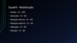 Quadril - Mobilização
• Flexão – 0 – 120
• Extensão – 0 – 30
• Rotação interna – 0 – 40
• Rotação externa – 0 – 50
• Abdução – 0 – 50
• Adução – 0 – 30
 