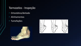 Tornozelos - Inspeção
• Ortostático/deitado
• Alinhamentos
• Tumefações
 