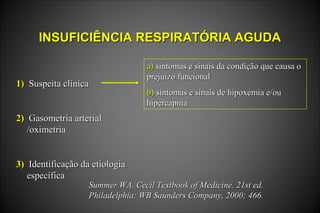 INSUFICIÊNCIA RESPIRATÓRIA AGUDAINSUFICIÊNCIA RESPIRATÓRIA AGUDA
1)1) Suspeita clínicaSuspeita clínica
2)2) Gasometria arterialGasometria arterial
/oximetria/oximetria
3)3) Identificação da etiologiaIdentificação da etiologia
específicaespecífica
Summer WA. Cecil Textbook of Medicine. 21st ed.Summer WA. Cecil Textbook of Medicine. 21st ed.
Philadelphia: WB Saunders Company, 2000; 466.Philadelphia: WB Saunders Company, 2000; 466.
a)a) sintomas e sinais da condição que causa osintomas e sinais da condição que causa o
prejuízo funcionalprejuízo funcional
b)b) sintomas e sinais de hipoxemia e/ousintomas e sinais de hipoxemia e/ou
hipercapniahipercapnia
 