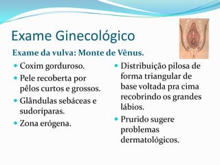 Exame Ginecológico
Exame da vulva: Monte de Vênus.
 Coxim gorduroso.
 Pele recoberta por
pêlos curtos e grossos.
 Glândulas sebáceas e
sudoríparas.
 Zona erógena.

 Distribuição pilosa de
forma triangular de
base voltada pra cima

recobrindo os grandes
lábios.
 Prurido sugere
problemas
dermatológicos.

 