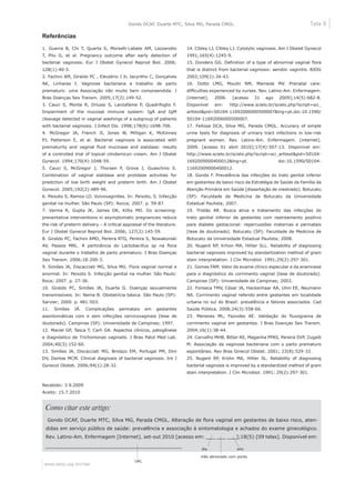 Tela 9
www.eerp.usp.br/rlae
Gondo DCAF, Duarte MTC, Silva MG, Parada CMGL.
Como citar este artigo:
Gondo DCAF, Duarte MTC, Silva MG, Parada CMGL. Alteração de flora vaginal em gestantes de baixo risco, aten-
didas em serviço público de saúde: prevalência e associação à sintomatologia e achados do exame ginecológico.
Rev. Latino-Am. Enfermagem [Internet]. set-out 2010 [acesso em: ___ ___ ___];18(5):[09 telas]. Disponível em:
______________________________________ dia
mês abreviado com ponto
ano
URL
Referências
1. Guerra B, Chi T, Quarta S, Morselli-Labate AM, Lazzarotto
T, Pilu G, et al. Pregnancy outcome after early detection of
bacterial vaginosis. Eur J Obstet Gynecol Reprod Biol. 2006;
128(1):40-5.
2. Fachini AM, Giraldo PC , Eleutério J Jr, Jacyntho C, Gonçalves
AK, Linhares I. Vaginose bacteriana e trabalho de parto
prematuro: uma Associação não muito bem compreendida. J
Bras Doenças Sex Transm. 2005;17(2):149-52.
3. Cauci S, Monte R, Driussi S, Lanzafame P, Quadrifoglio F.
Impairment of the mucosal immune system: IgA and IgM
cleavage detected in vaginal washings of a subgroup of patients
with bacterial vaginosis. J Infect Dis. 1998;178(6):1698-706.
4. McGregor JA, French JI, Jones W, Milligan K, McKinney
PJ, Patterson E, et al. Bacterial vaginosis is associated with
prematurity and vaginal fluid mucinase and sialidase: results
of a controlled trial of topical clindamicyn cream. Am J Obstet
Gynecol. 1994;170(4):1048-59.
5. Cauci S, McGregor J, Thorsen P, Grove J, Guaschino S.
Combination of vaginal sialidase and prolidase activities for
prediction of low birth weight and preterm birth. Am J Obstet
Gynecol. 2005;192(2):489-96.
6. Peixoto S, Ramos LO. Vulvovaginites. In: Peixoto, S. Infecção
genital na mulher. São Paulo (SP): Rocca; 2007. p. 59-87.
7. Varma R, Gupta JK, James DK, Kilby MD. Do screening-
preventative interventions in asymptomatic pregnancies reduce
the risk of preterm delivery – A critical appraisal of the literature.
Eur J Obstet Gynecol Reprod Biol. 2006; 127(2):145-59.
8. Giraldo PC, Fachini AMD, Pereira RTG, Pereira S, Nowakonski
AV, Passos MRL. A pertinência do Lactobacillus sp na flora
vaginal durante o trabalho de parto prematuro. J Bras Doenças
Sex Transm. 2006;18:200-3.
9. Simões JA, Discacciati MG, Silva MG. Flora vaginal normal e
anormal. In: Peixoto S. Infecção genital na mulher. São Paulo:
Roca; 2007. p. 27-36.
10. Giraldo PC, Simões JA, Duarte G. Doenças sexualmente
transmissíveis. In: Neme B. Obstetrícia básica. São Paulo (SP):
Sarvier; 2000. p. 481-503.
11. Simões JÁ. Complicações perinatais em gestantes
assintomáticas com e sem infecções cervicovaginais [tese de
doutorado]. Campinas (SP): Universidade de Campinas; 1997.
12. Maciel GP, Tasca T, Carli GA. Aspectos clínicos, patogênese
e diagnóstico de Trichomonas vaginalis. J Bras Patol Med Lab.
2004;40(3):152-60.
13. Simões JA, Discacciati MG, Brolazo EM, Portugal PM, Dini
DV, Dantas MCM. Clinical diagnosis of bacterial vaginosis. Int J
Gynecol Obstet. 2006;94(1):28-32.
14. Cibley LJ, Cibley LJ. Cytolytic vaginosis. Am J Obstet Gynecol
1991;165(4):1245-9.
15. Donders GG. Definition of a type of abnormal vaginal flora
that is distinct from bacterial vaginosis: aerobic vaginitis. BJOG
2002;109(1):34-43.
16. Dotto LMG, Moulin NM, Mamede MV. Prenatal care:
difficulties experienced by nurses. Rev. Latino-Am. Enfermagem.
[internet]. 2006. [acesso 31 ago 2009];14(5):682-8.
Disponível em: http://www.scielo.br/scielo.php?script=sci_
arttext&pid=S0104-11692006000500007&lng=pt.doi:10.1590/
S0104-11692006000500007.
17. Feitosa DCA, Silva MG, Parada CMGL. Accuracy of simple
urine tests for diagnosis of urinary tract infections in low-risk
pregnant women. Rev. Latino-Am. Enfermagem. [internet].
2009. [acesso 01 abril 2010];17(4):507-13. Disponível em:
http://www.scielo.br/scielo.php?script=sci_arttext&pid=S0104-
1692009000400012&lng=pt. doi:10.1590/S0104-
11692009000400012.
18. Gondo F. Prevalência das infecções do trato genital inferior
em gestantes de baixo risco da Estratégia de Saúde da Família da
Atenção Primária em Saúde [dissertação de mestrado]. Botucatu
(SP): Faculdade de Medicina de Botucatu da Universidade
Estadual Paulista; 2007.
19. Tristão AR. Busca ativa e tratamento das infecções do
trato genital inferior de gestantes com rastreamento positivo
para diabete gestacional: repercussões maternas e perinatais
[tese de doutorado]. Botucatu (SP): Faculdade de Medicina de
Botucatu da Universidade Estadual Paulista; 2008.
20. Nugent RP, Krhon MA, Hillier SLL. Reliability of diagnosing
bacterial vaginosis improved by standartization method of gram
stain interpretation. J Clin Microbiol. 1991;29(2):297-301.
21. Gomes FAM. Valor do exame clínico especular e da anamnese
para o diagnóstico do corrimento vaginal [tese de doutorado].
Campinas (SP): Universidade de Campinas; 2003.
22. Fonseca TMV, César JA, Hackenhaar AA, Ulmi EE, Neumann
NA. Corrimento vaginal referido entre gestantes em localidade
urbana no sul do Brasil: prevalência e fatores associados. Cad
Saúde Pública. 2008;24(3):558-66.
23. Menezes ML, Faúndes AE. Validação do fluxograma de
corrimento vaginal em gestantes. J Bras Doenças Sex Transm.
2004;16(1):38-44.
24. Carvalho MHB, Bittar RE, Maganha PPAS, Pereira SVP, Zugaib
M. Associação da vaginose bacteriana com o parto prematuro
espontâneo. Rev Bras Ginecol Obstet. 2001; 23(8):529-33.
25. Nugent RP, Krohn MA, Hillier SL. Reliability of diagnosing
bacterial vaginosis is improved by a standardized method of gram
stain interpretation. J Clin Microbiol. 1991; 29(2):297-301.
Recebido: 3.9.2009
Aceito: 15.7.2010
 