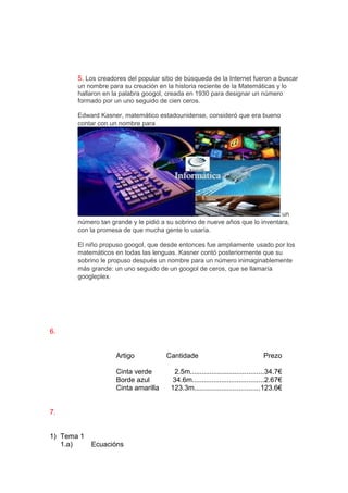 5. Los creadores del popular sitio de búsqueda de la Internet fueron a buscar
un nombre para su creación en la historia reciente de la Matemáticas y lo
hallaron en la palabra googol, creada en 1930 para designar un número
formado por un uno seguido de cien ceros.
Edward Kasner, matemático estadounidense, consideró que era bueno
contar con un nombre para

un
número tan grande y le pidió a su sobrino de nueve años que lo inventara,
con la promesa de que mucha gente lo usaría.
El niño propuso googol, que desde entonces fue ampliamente usado por los
matemáticos en todas las lenguas. Kasner contó posteriormente que su
sobrino le propuso después un nombre para un número inimaginablemente
más grande: un uno seguido de un googol de ceros, que se llamaría
googleplex.

6.
Artigo
Cinta verde
Borde azul
Cinta amarilla
7.
1) Tema 1
1.a)

Ecuacións

Cantidade

Prezo

2.5m......................................34.7€
34.6m.....................................2.67€
123.3m..................................123.6€

 