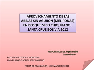 APROVECHAMIENTO DE LAS
             CONTENIDO:
             SITUACION PROBLEMATICA
           ABEJAS SIN AGUIJON (MELIPONAS)
             JUSTIFICACION
             OBJETVOS DE INVESTIGACION
            EN BOSQUE SECO CHIQUITANO .
             HIPOTESIS DE INVESTIGACION

              SANTA CRUZ BOLIVIA 2012




FACULTAD INTEGRAL CHIQUITANA
UNIVERSIDAD GABRIEL RENE MORENO

              FECHA DE REALIZACION: 1 DE MARZO DE 2012
 