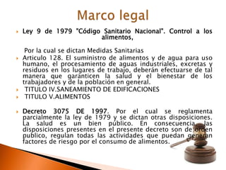   Ley 9 de 1979 "Código Sanitario Nacional". Control a los
                         alimentos,

     Por la cual se dictan Medidas Sanitarias
   Articulo 128. El suministro de alimentos y de agua para uso
    humano, el procesamiento de aguas industriales, excretas y
    residuos en los lugares de trabajo, deberán efectuarse de tal
    manera que garanticen la salud y el bienestar de los
    trabajadores y de la población en general.
    TITULO IV.SANEAMIENTO DE EDIFICACIONES
    TITULO V.ALIMENTOS

   Decreto 3075 DE 1997. Por el cual se reglamenta
    parcialmente la ley de 1979 y se dictan otras disposiciones.
    La salud es un bien público. En consecuencia, las
    disposiciones presentes en el presente decreto son de orden
    publico, regulan todas las actividades que puedan generan
    factores de riesgo por el consumo de alimentos.
 