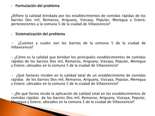    Formulación del problema

¿Difiere la calidad brindada por los establecimientos de comidas rápidas de los
barrios Dos mil, Remanso, Ariguany, Vizcaya, Popular, Menegua y Estero;
pertenecientes a la comuna 5 de la ciudad de Villavicencio?

   Sistematización del problema

- ¿Cuántos y cuales son los barrios de la comuna 5 de la ciudad de
Villavicencio?

- ¿Cómo es la calidad que brindan los principales establecimientos de comidas
rápidas de los barrios Dos mil, Remanso, Ariguany, Vizcaya, Popular, Menegua
y Estero; ubicados en la comuna 5 de la ciudad de Villavicencio?

- ¿Qué factores inciden en la calidad total de un establecimiento de comidas
rápidas de los barrios Dos mil, Remanso, Ariguany, Vizcaya, Popular, Menegua
y Estero; ubicados en la comuna 5 de la ciudad de Villavicencio?

- ¿De qué forma incide la aplicación de calidad total en los establecimientos de
comidas rápidas de los barrios Dos mil, Remanso, Ariguany, Vizcaya, Popular,
Menegua y Estero; ubicados en la comuna 5 de la ciudad de Villavicencio?
 