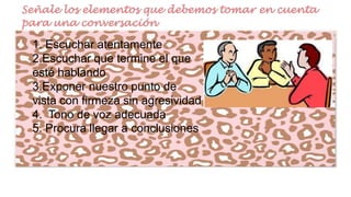 1. Escuchar atentamente
2.Escuchar que termine el que
esté hablando
3.Exponer nuestro punto de
vista con firmeza sin agresividad
4. Tono de voz adecuada
5. Procura llegar a conclusiones

 