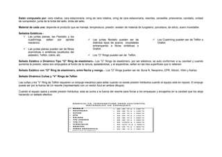 Están compuesto por: cara rotativa, cara estacionaria, oring de cara rotativa, oring de cara estacionaria, resortes, canastilla, prisioneros, candado, unidad 
de compresión, junta de la brida del sello, brida del sello. 
Material de cada una: depende el producto que se maneje, temperatura, presión: existen de material de tungsteno, porcelana, de silicio, acero inoxidable. 
Sellados Estáticos.- 
 Las juntas planas, las Flexitalic y los 
cuadrirings, sellan por apriete 
mecánico. 
 Las juntas planas pueden ser de fibras 
aramídicas o sintéticas (sustitutos del 
asbesto), Teflón, cobre, etc. 
 Las juntas flexitalic pueden ser de 
distintos tipos de aceros inoxidables 
entrampando a fibras sintéticas o 
Grafoil. 
 Los “O” Rings pueden ser de Teflón. 
 Los Cuadriring pueden ser de Teflón o 
Grafoil. 
Sellado Estático o Dinámico Tipo “O” Ring de elastómero.- Los “O” Rings de elastómero, por ser elásticos, se auto conforman a su cavidad y cuando 
aumenta la presión, estos son empujados al fondo de la ranura, aplastándose, y al expandirse, sellan en las tres superficies que lo retienen. 
Sellado Estático con “O” Ring de elastómero, entre flecha y manga.- Los “O” Rings pueden ser de Buna N, Neopreno, EPR, Silicón, Vitón y Kalrez. 
Sellado Dinámico Cuñas y “V” Rings de Teflón 
Las cuñas y los “V” Ring de Teflón requieren un empuje mecánico para sellar cuando no existe presión hidráulica cuando el equipo está en reposo. El empuje 
puede ser por la fuerza de Un resorte (representado con un vector Azul en ambos dibujos) 
Cuando el equipo opera y existe presión hidráulica, esta se suma a la fuerza del resorte para forzar a los empaques y encajarlos en la cavidad que los aloja 
haciendo un sellado efectivo. 
 