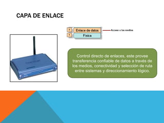 CAPA DE ENLACE 
Control directo de enlaces, este provee 
transferencia confiable de datos a través de 
los medios, conectividad y selección de ruta 
entre sistemas y direccionamiento lógico. 
 